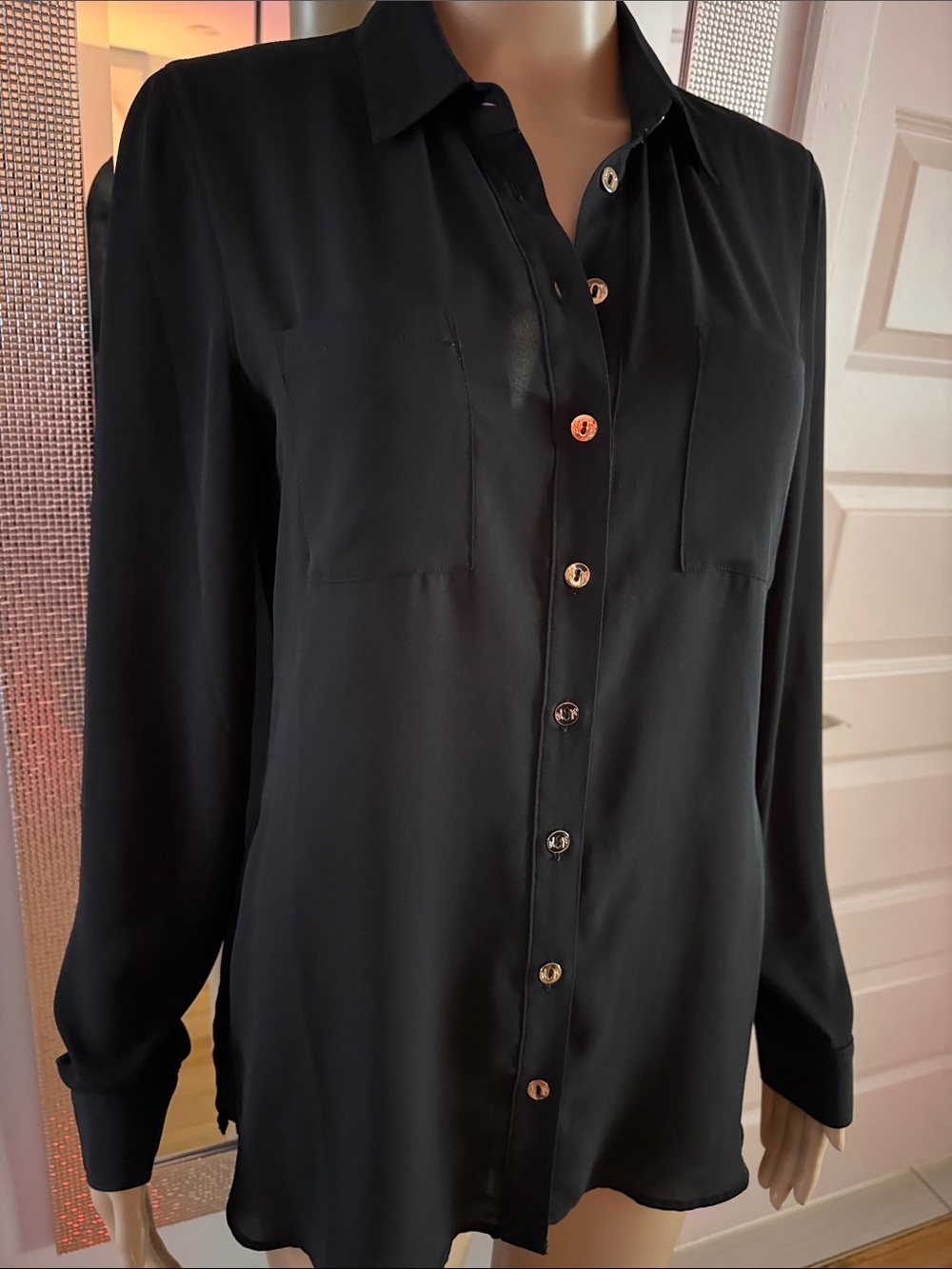GUESS Black Sheer Long Sleeve Button-Down Blouse Size S